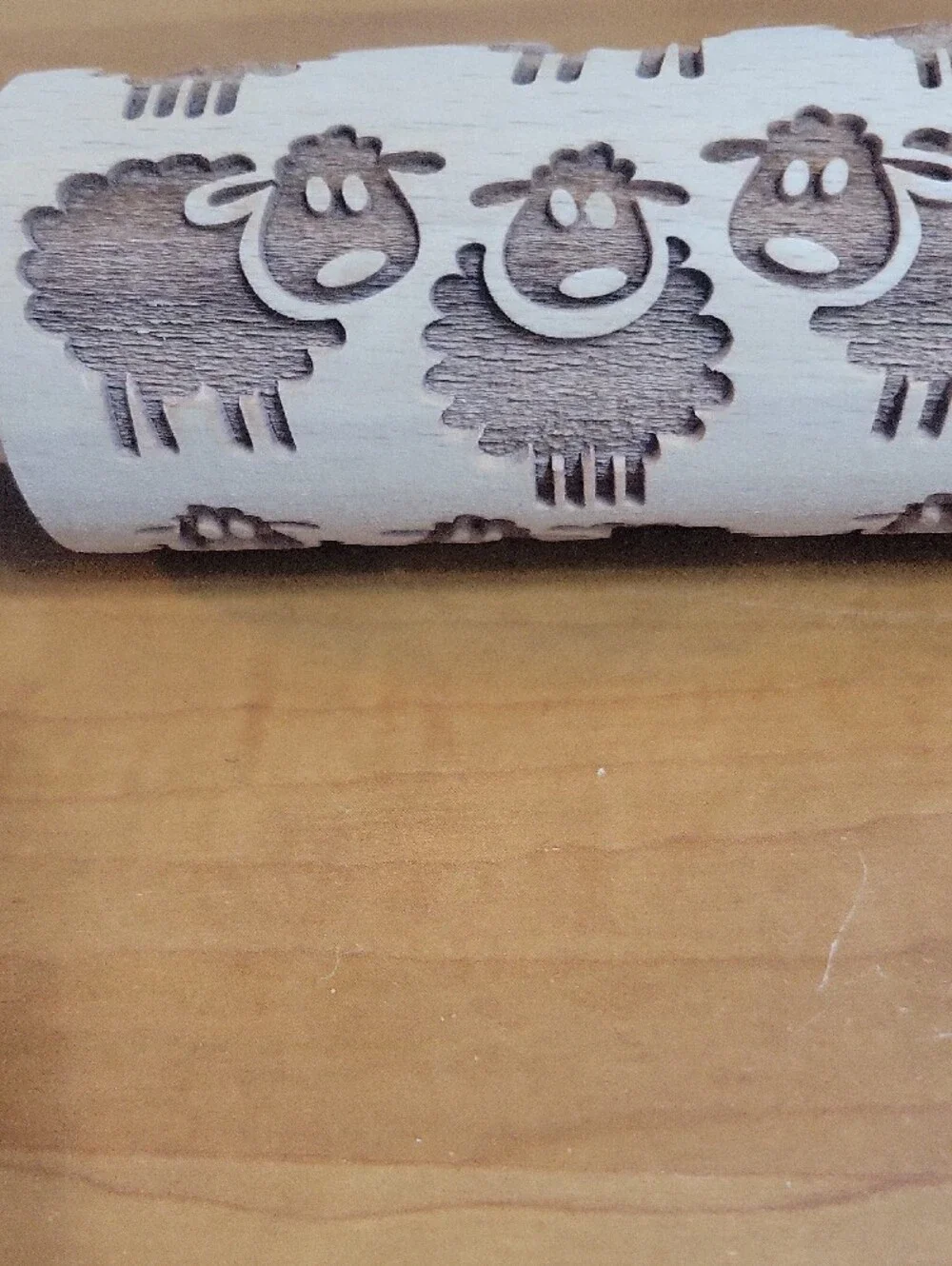 Pastry Embossed Wooden Rolling Pin - Light Natural Wood Sheep Design